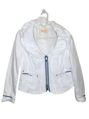 Crisca White Crinkle Zip Jacket Lightweight Oversized Collar Jacket Size L